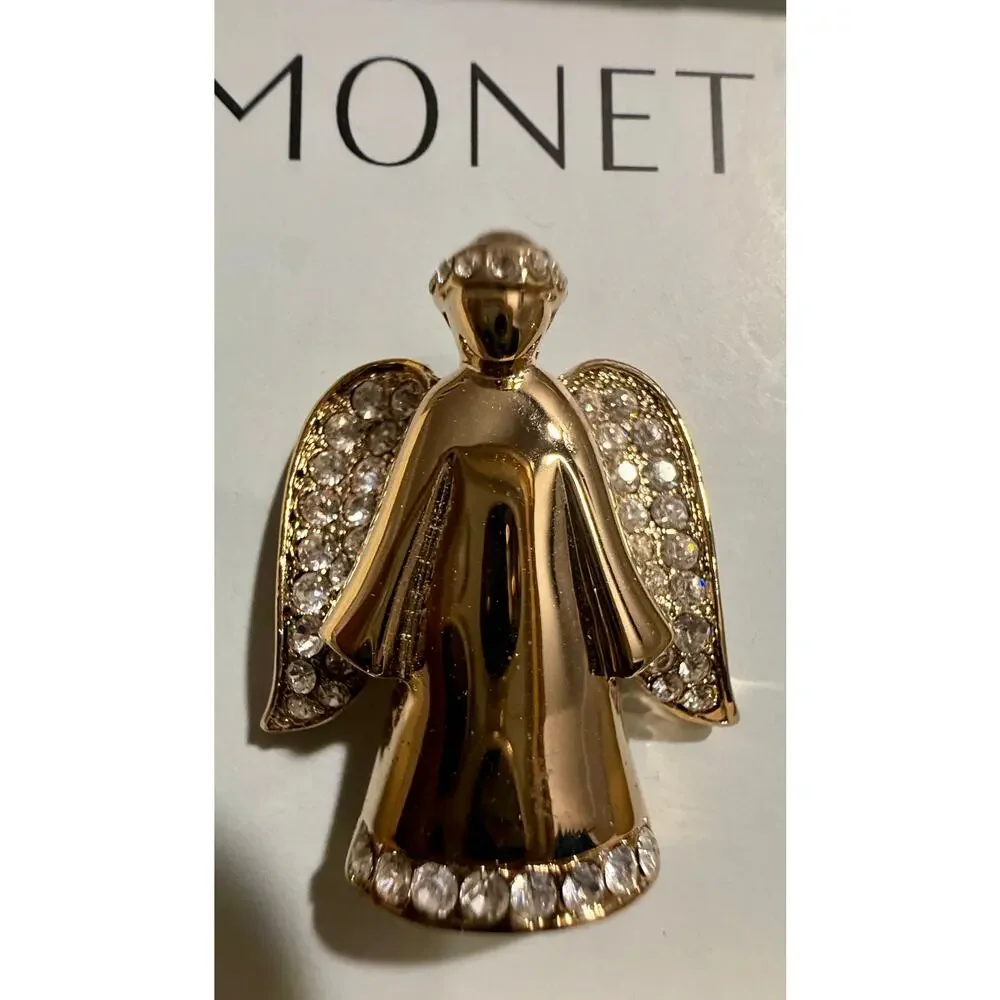 Vintage Signed Monet Gold Tone Rhinestone Angel Brooch With Original Box